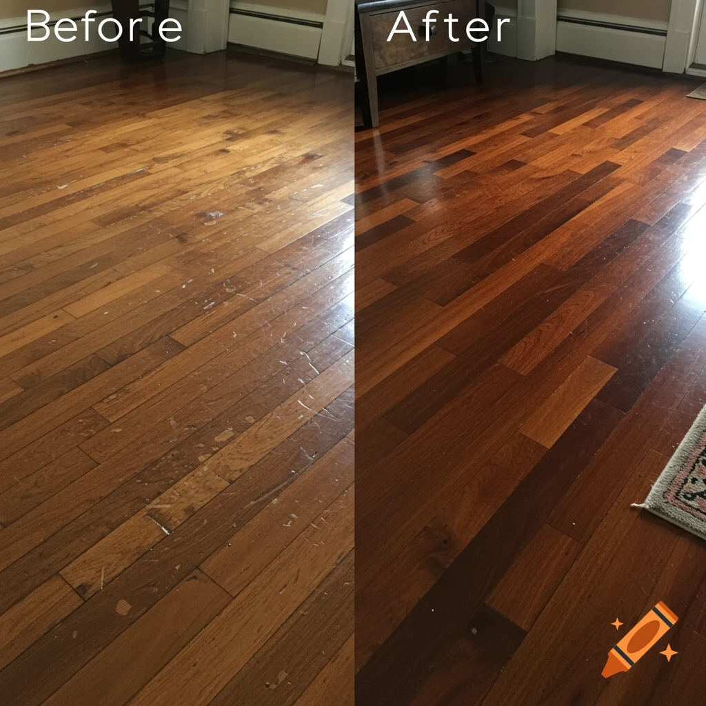 Split view of a wooden floor: Before (worn, scratched) on the left, After (refinished, glossy) on the right.