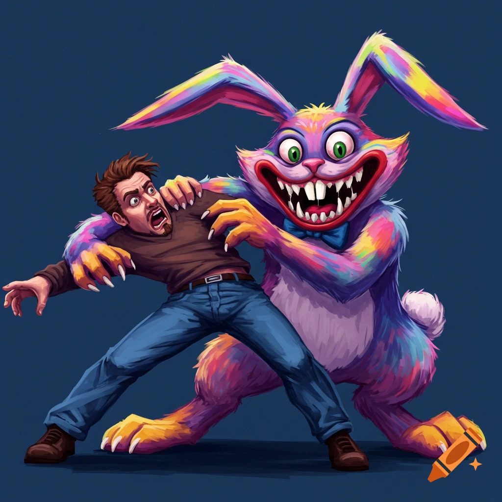 A man being attacked by a giant, colorful, monstrous rabbit with sharp teeth.