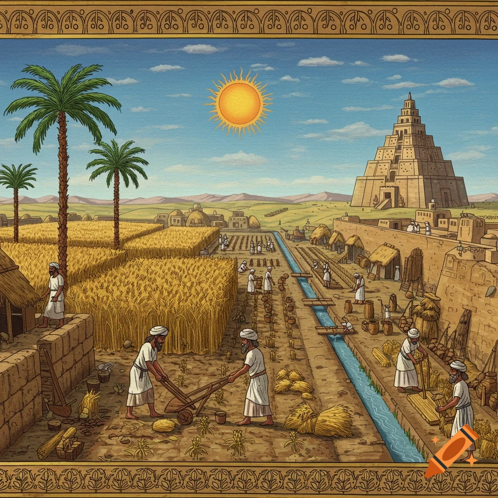Illustration of ancient Mesopotamian farming with palm trees, irrigation, a zigurat, and people working.