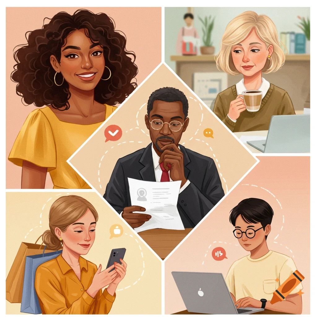 Collage showing five diverse customer personas in various settings: working on laptops, shopping, and reading a document.