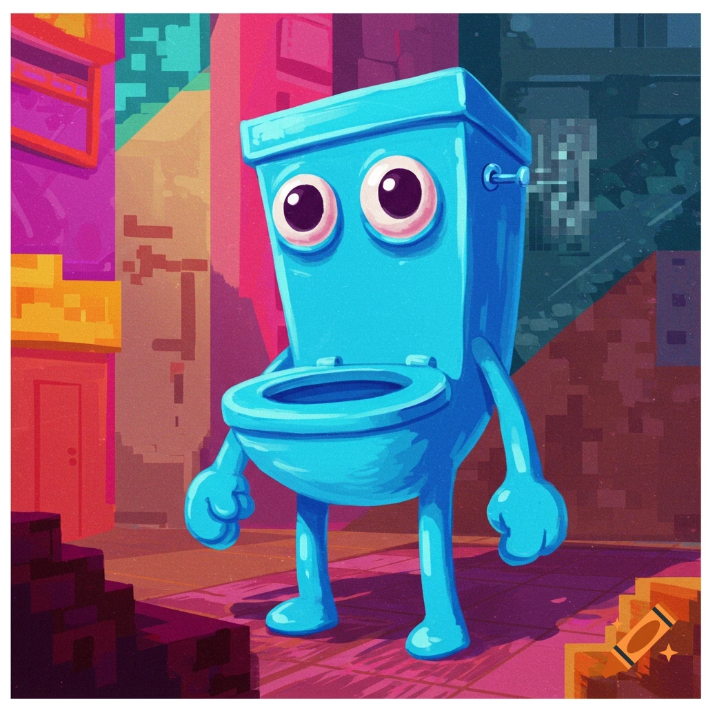 Cartoon blue toilet with arms and legs and big eyes standing in a colorful, pixelated environment.