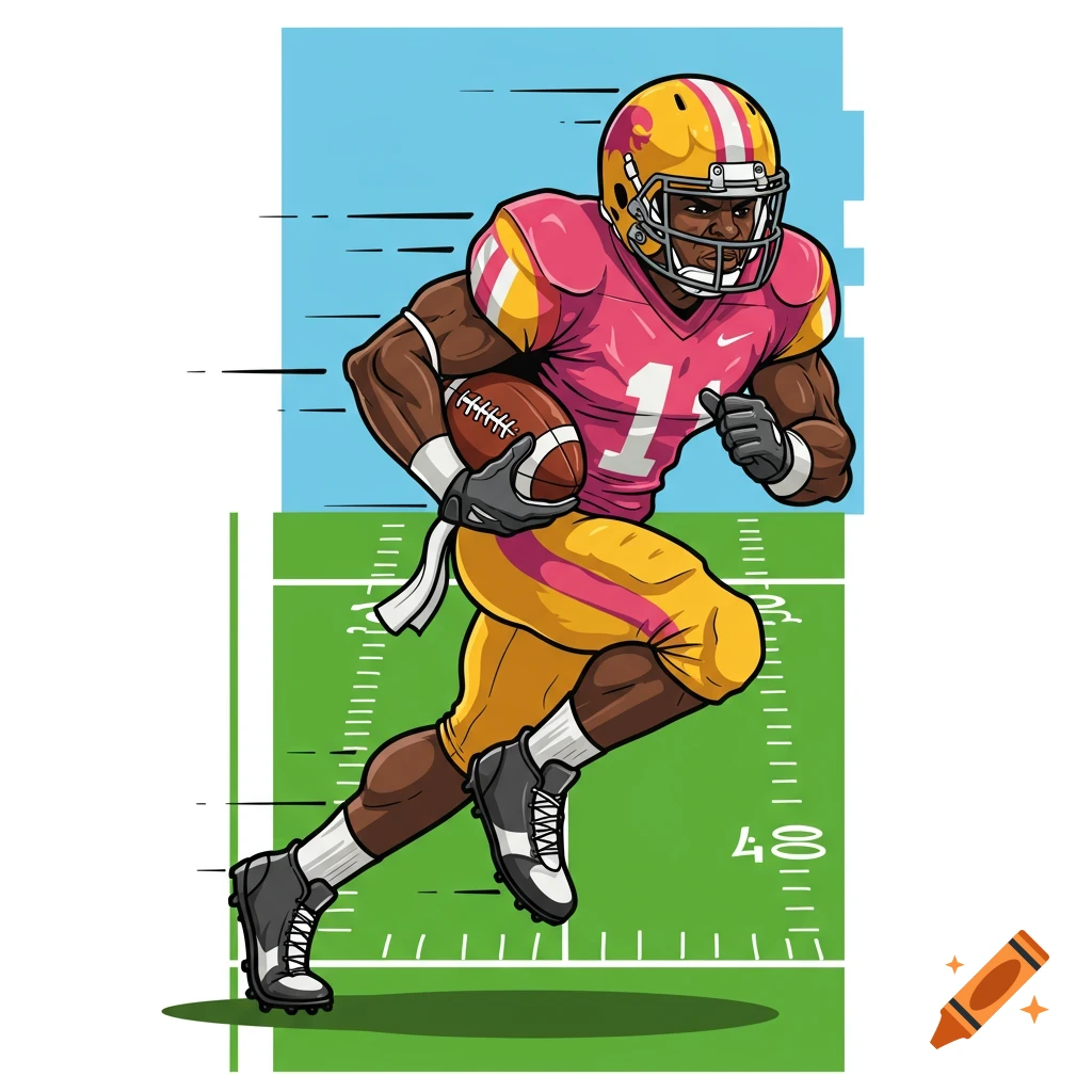 Dynamic vector illustration of an American football player in pink and gold running with a football.