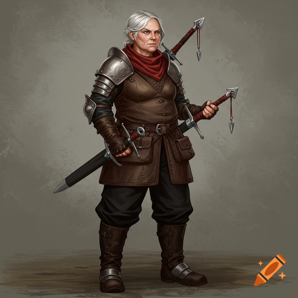 A matronly woman in leather armor and a red scarf, holding two swords.