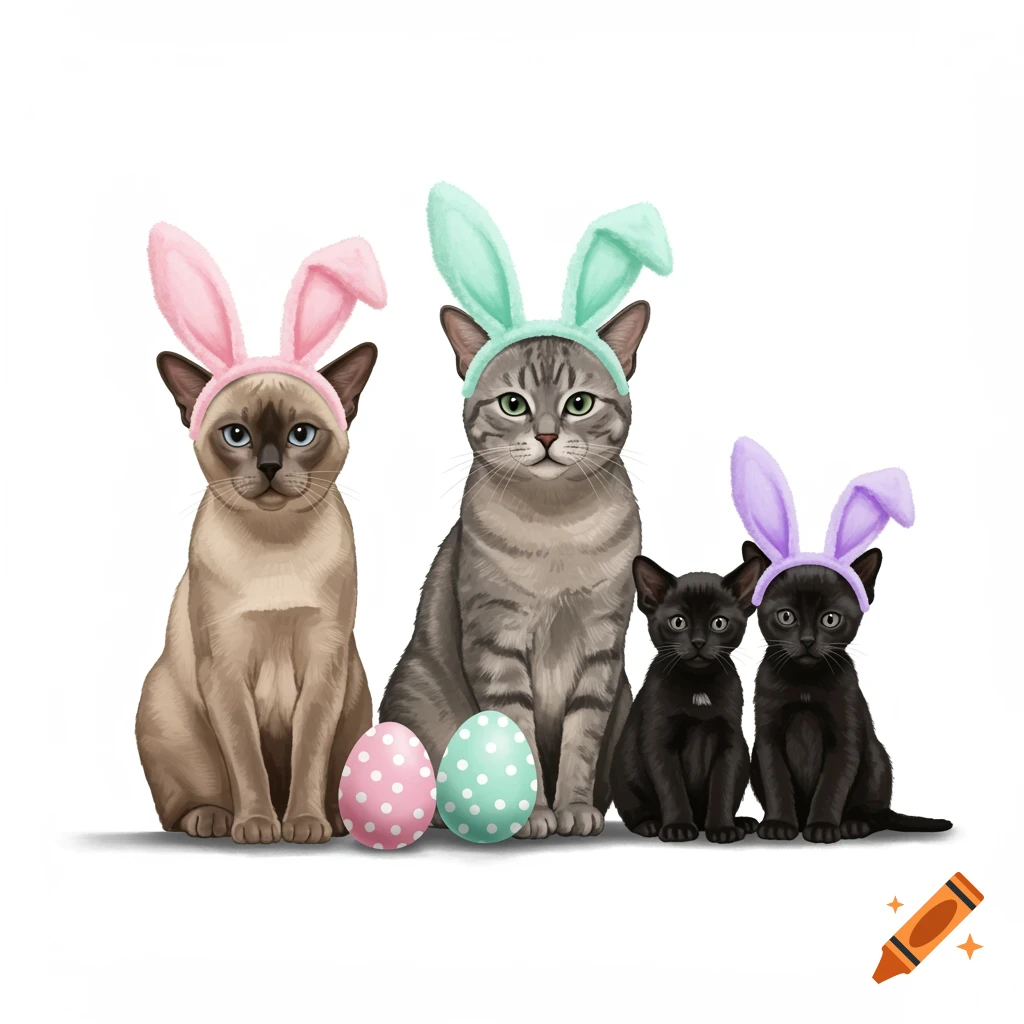 Four cats wearing pastel bunny ears sit with Easter eggs