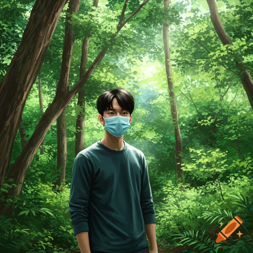 Person wearing a mask in a forest.