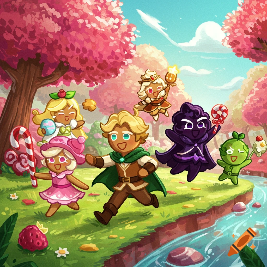Cartoon cookie characters running through a sunny forest landscape with pink trees and a stream.