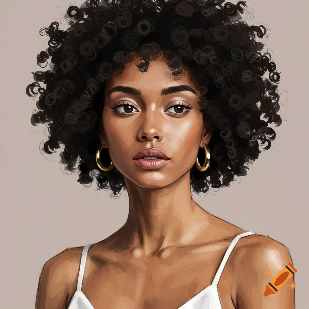 A woman with curly hair and gold hoop earrings