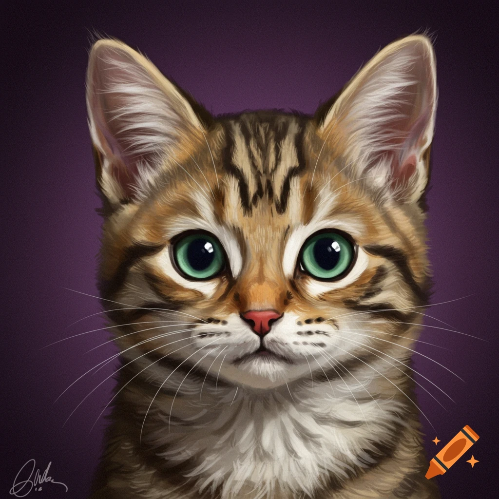 A close-up of a cute tabby cat with large green eyes on a purple background.