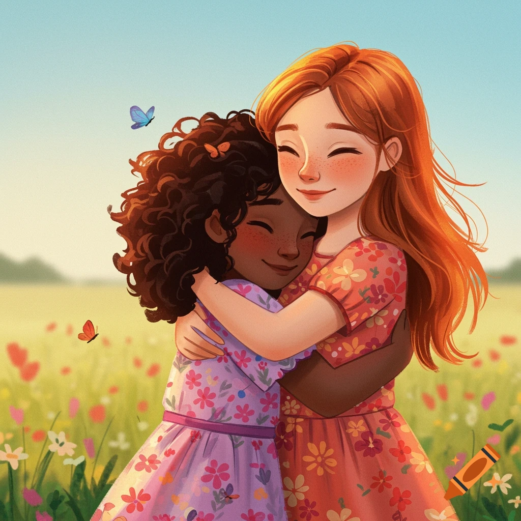 Whimsical illustration of two young girls hugging in a field of wildflowers with butterflies.