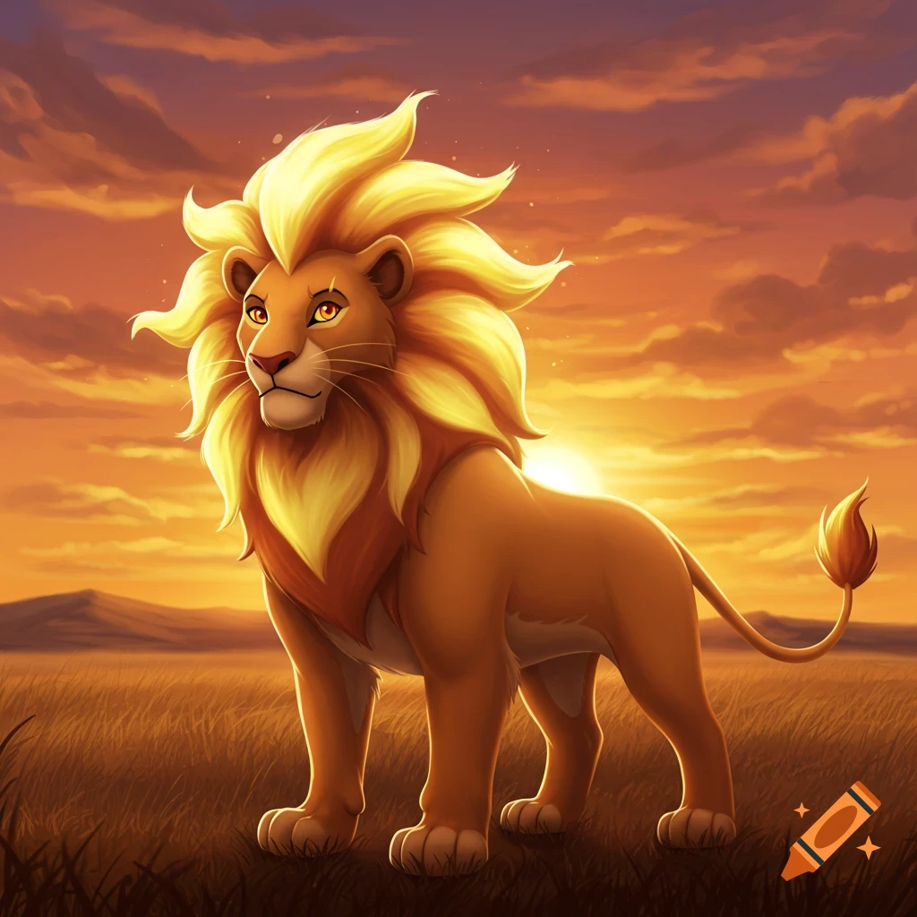 A stylized lion stands in a grassy field at sunset.