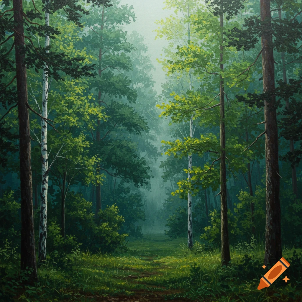Painted forest path winding into mist