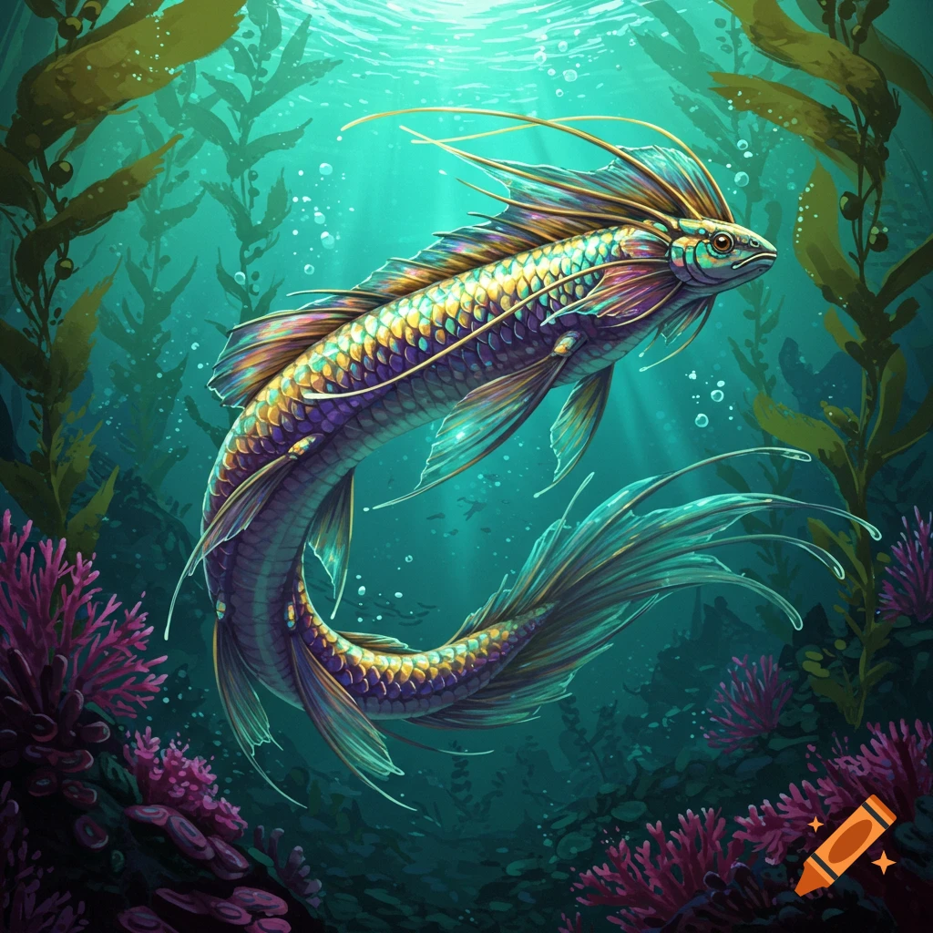 A vibrant, fantastical fish swims underwater among plants.