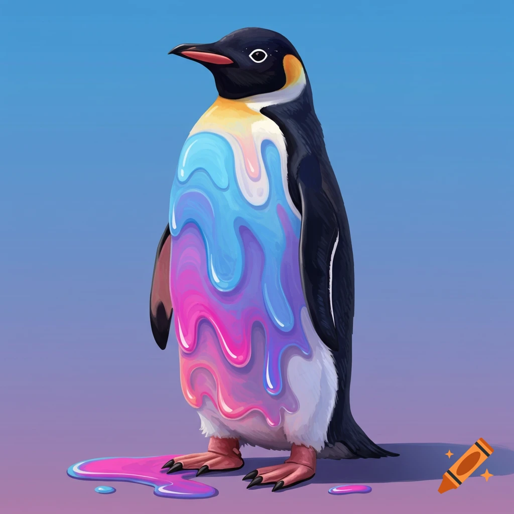 A penguin with colorful goo dripping down its front