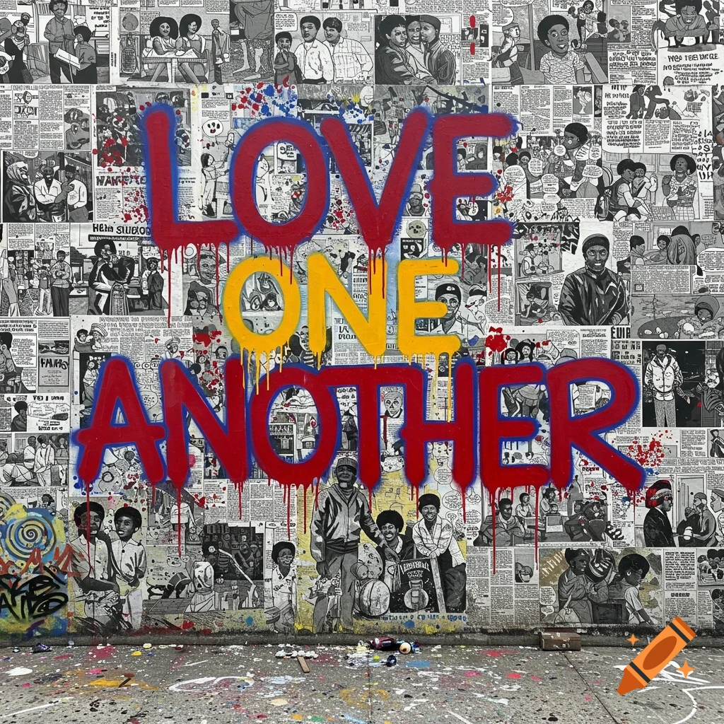 Street art graffiti "LOVE ONE ANOTHER" in red and yellow dripping paint over a background collage of black and white newspaper comic panels featuring people.
