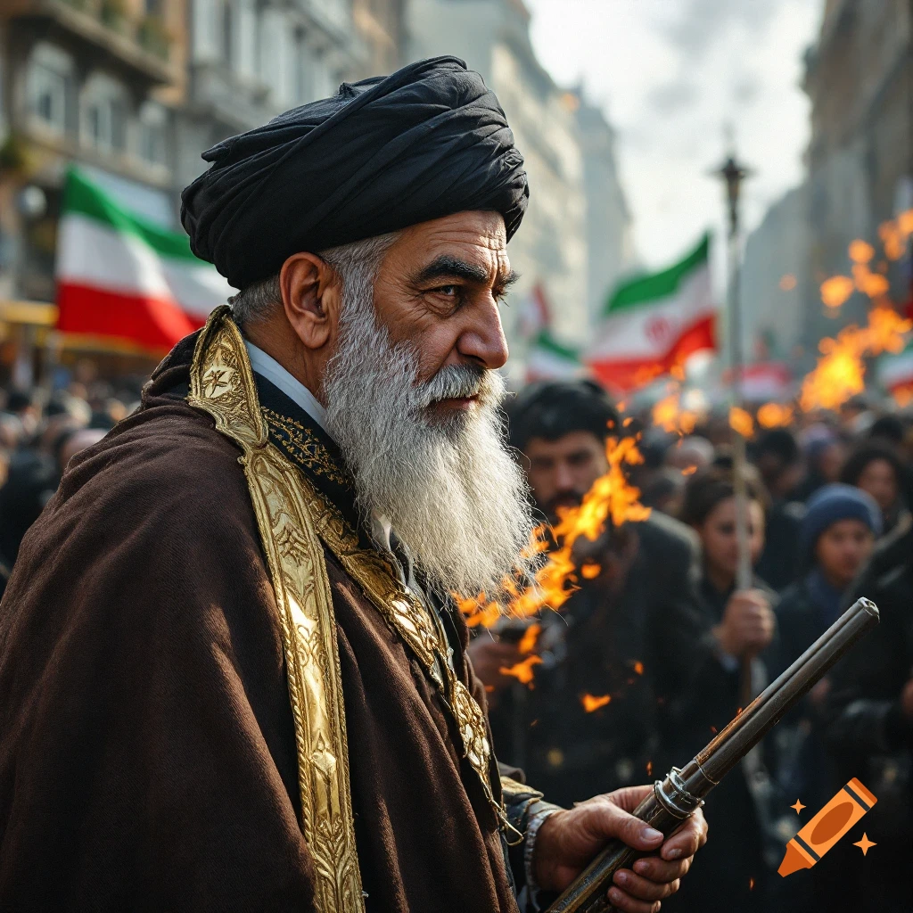 Older man in traditional clothing with beard and turban in a crowd with flags and fire.