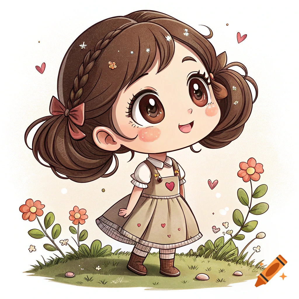 Chibi style cartoon girl in a dress standing in grass with flowers