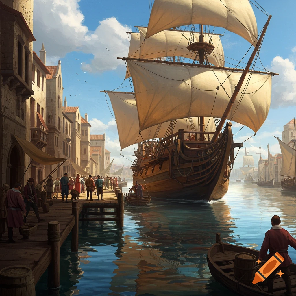 A large wooden sailing ship leaving a busy dock in a historic port city with people and other ships