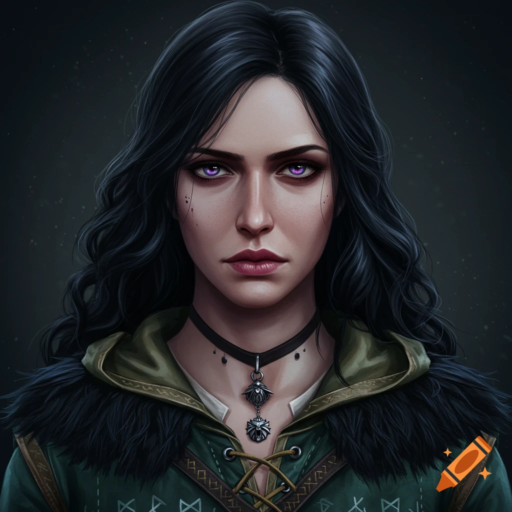 Digital portrait of a woman with black hair, violet eyes, and fantasy clothing.