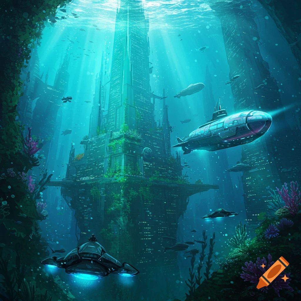 A futuristic underwater city with buildings and submersibles.