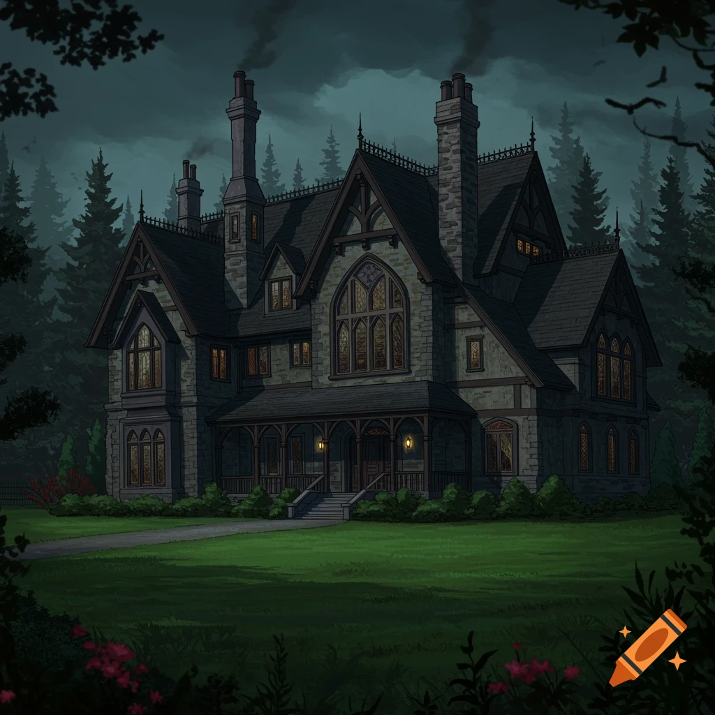 A dark, gothic-style house surrounded by trees at night.