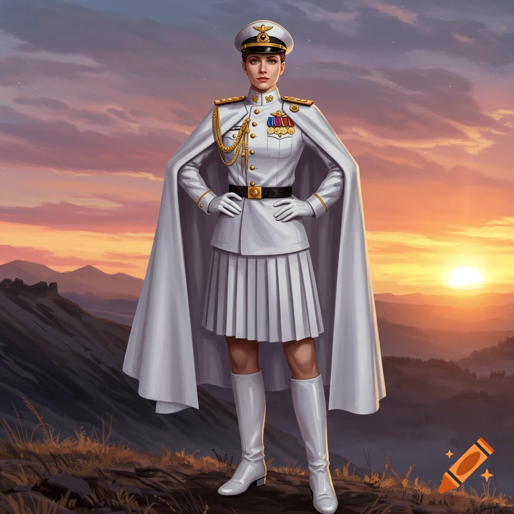 A female military officer in white uniform with cape stands on a hilltop at sunrise.