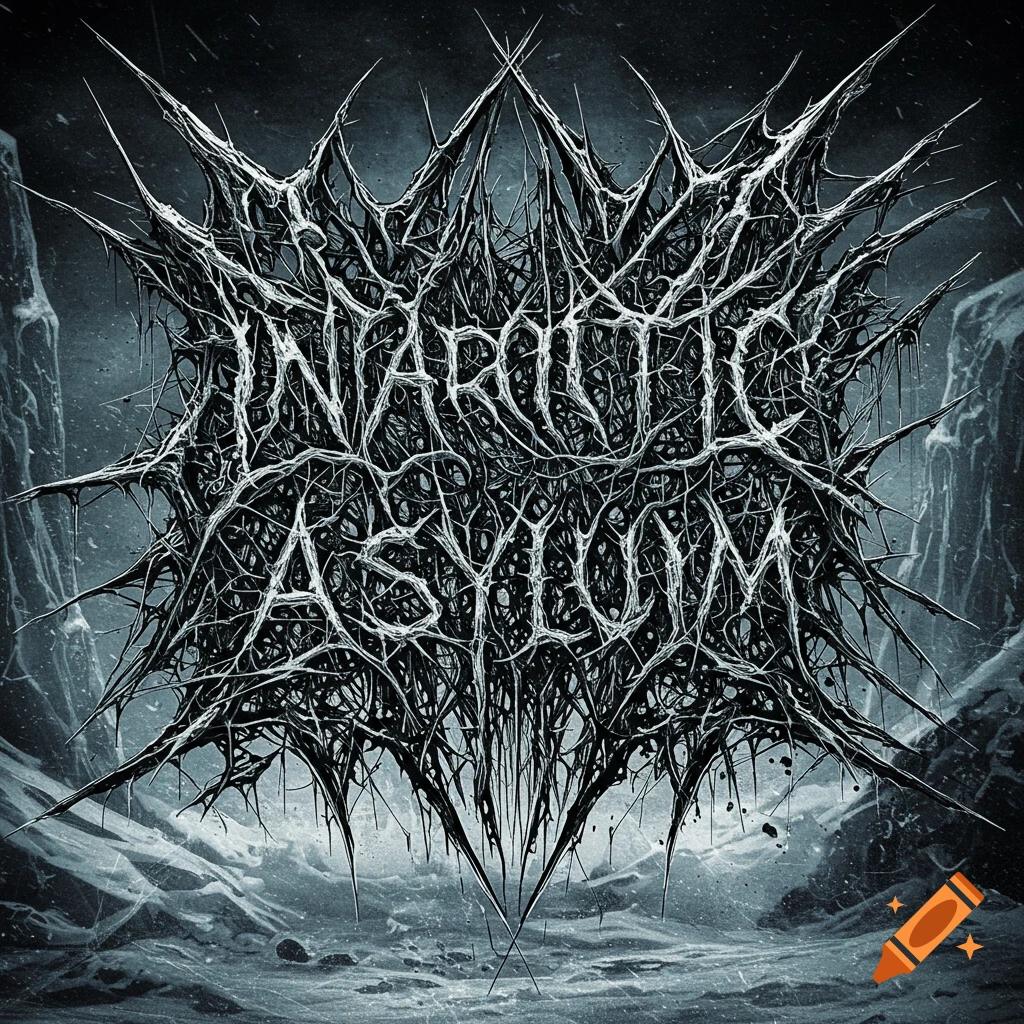 Black and white death metal logo with unreadable spiky text over a dark, stormy background.