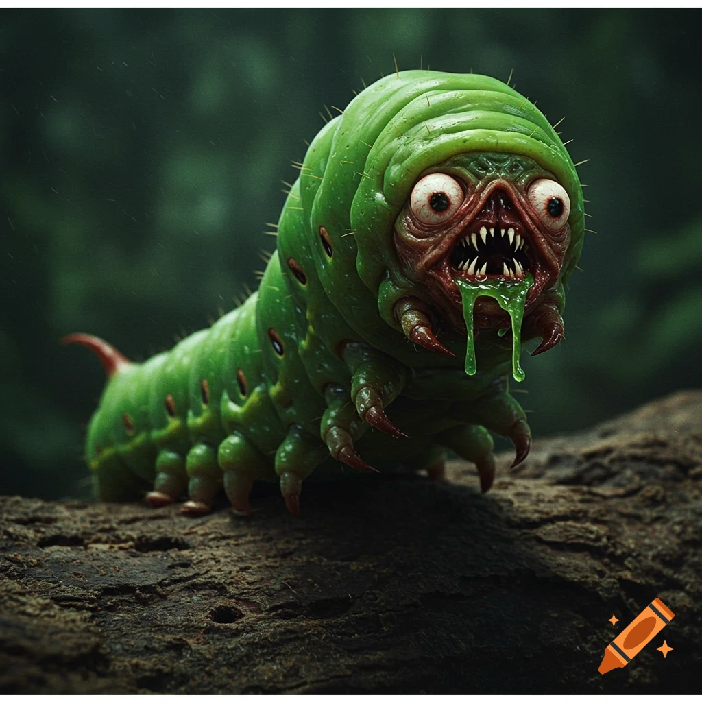 Photorealistic image of a grotesque green caterpillar monster with large eyes, sharp teeth, and slime dripping, crawling on a log.