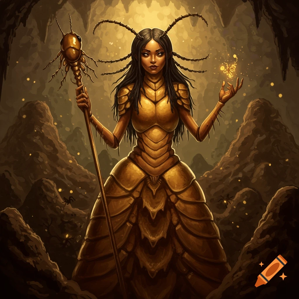 A human termite queen in golden armor holding a staff and a glowing butterfly in a cave.