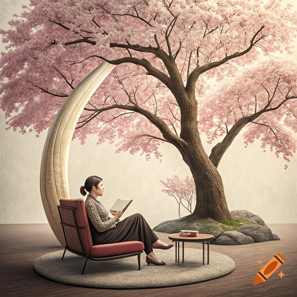 A woman reads in a chair under a large cherry blossom tree beside a giant crescent-shaped tusk.