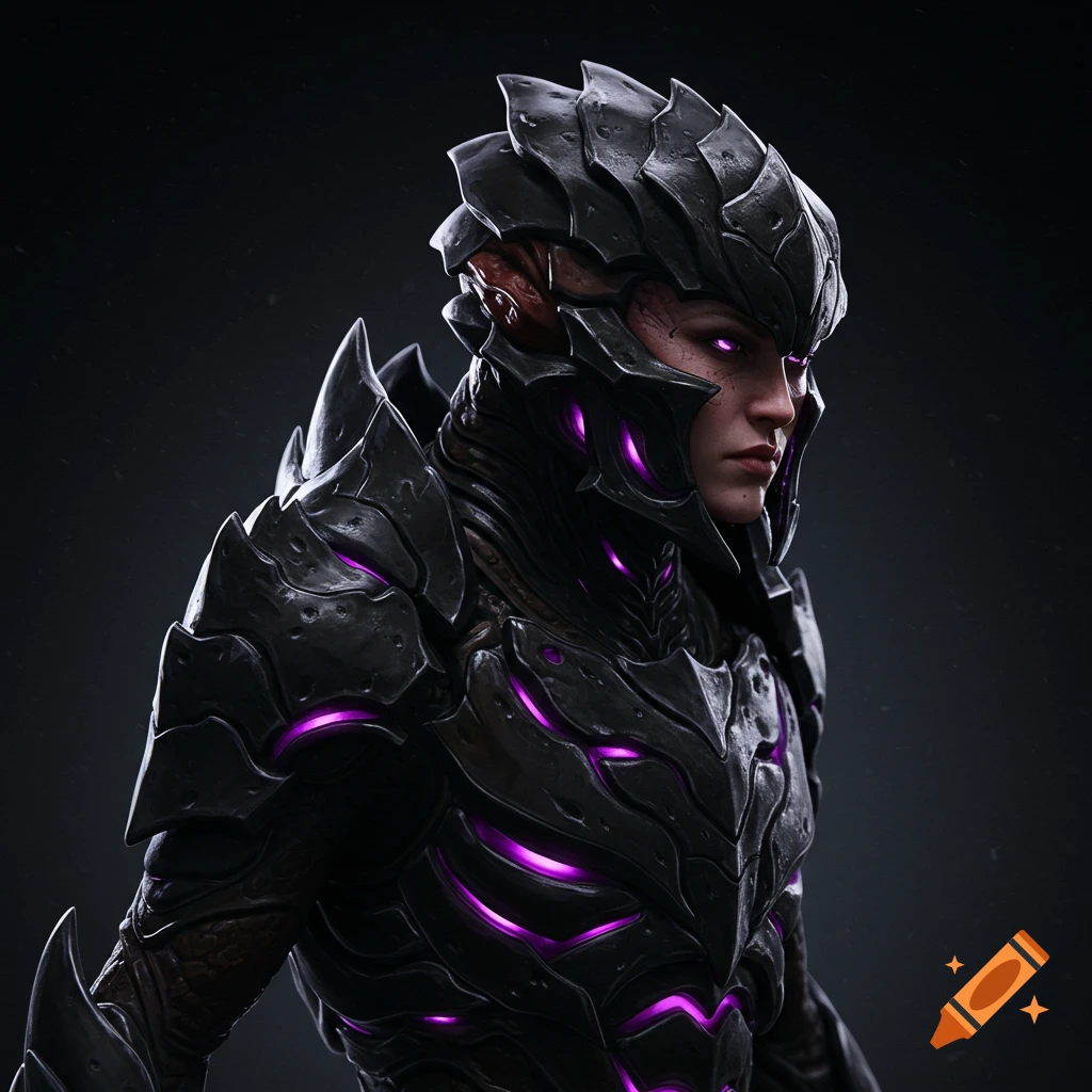 Character in dark, spiky armor with glowing purple accents