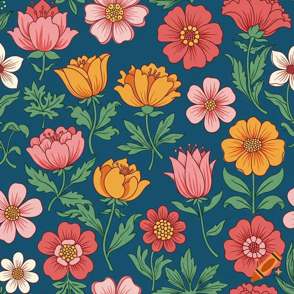 Seamless pattern of colorful flowers and leaves in a flat, illustrative style on a blue background.