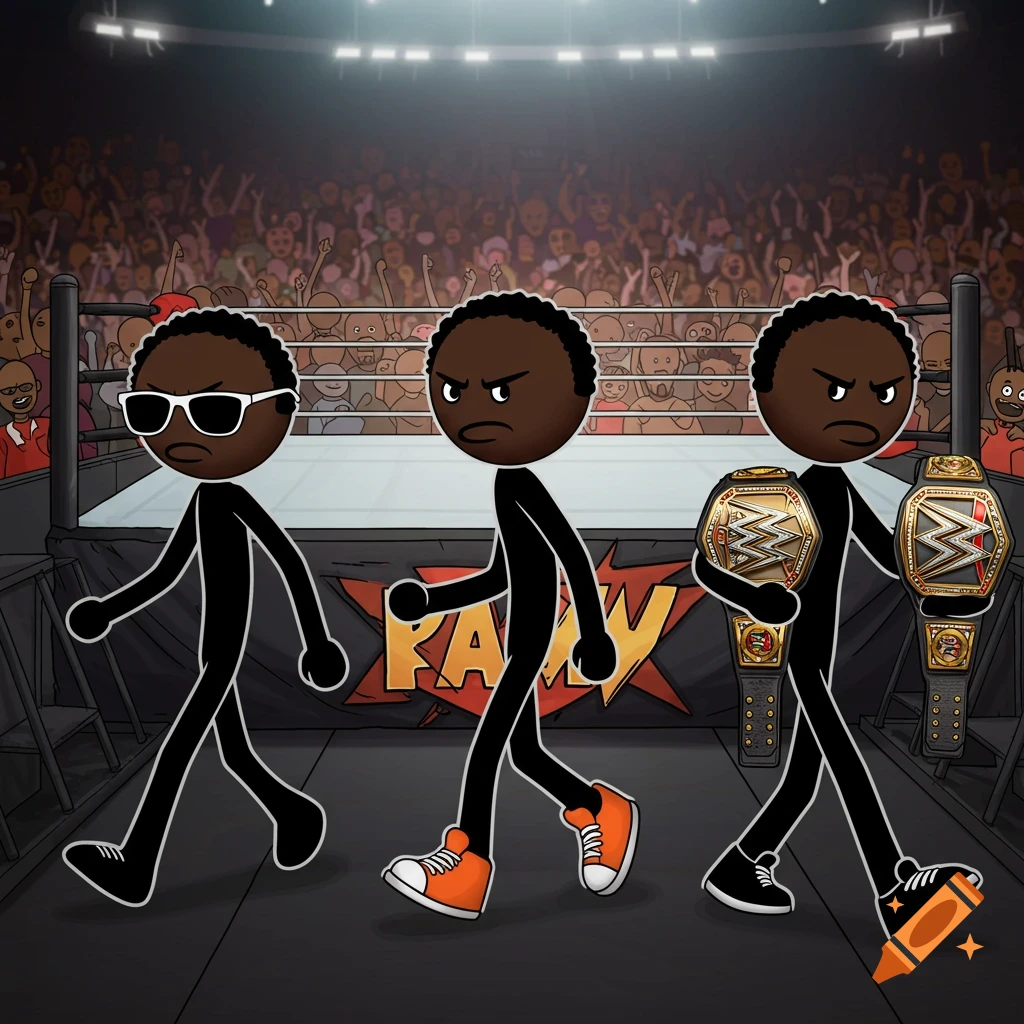 Three black stick figures walk to a wrestling ring in a cartoon style, one with shades, one with orange shoes, one with championship belts.