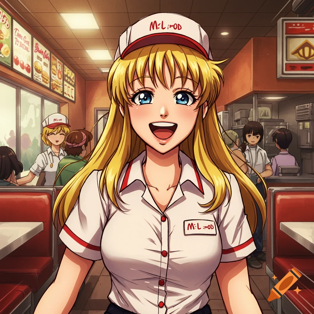 80s anime style illustration of a smiling woman in a fast food uniform