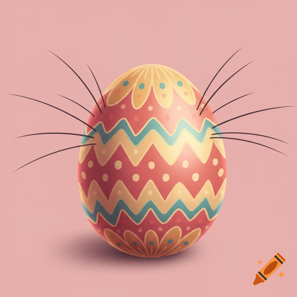 A decorated Easter egg with cat whiskers on a pink background, digital art.
