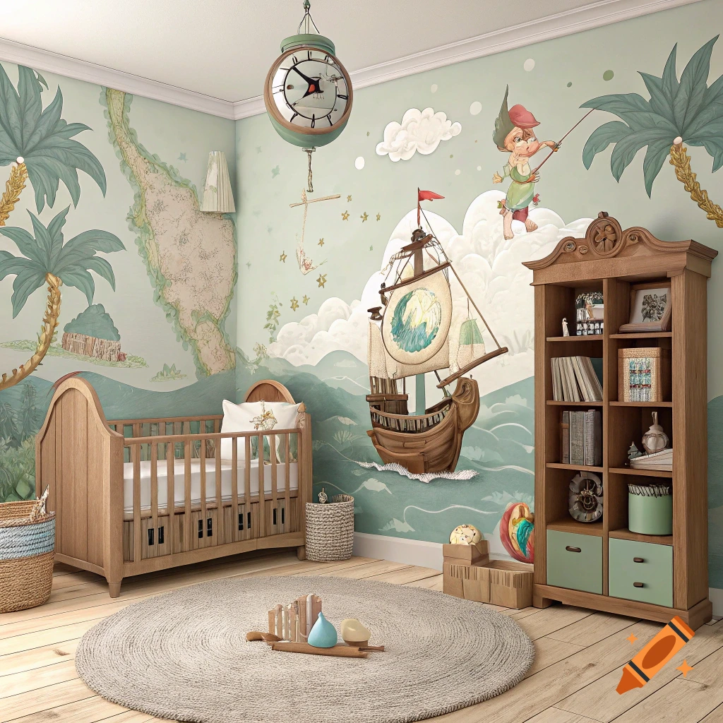A nursery room with a Peter Pan mural featuring a ship, map, character, crib, and bookcase.