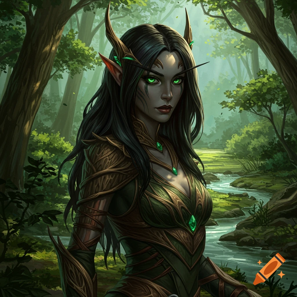 A dark-haired female wood elf in a forest.