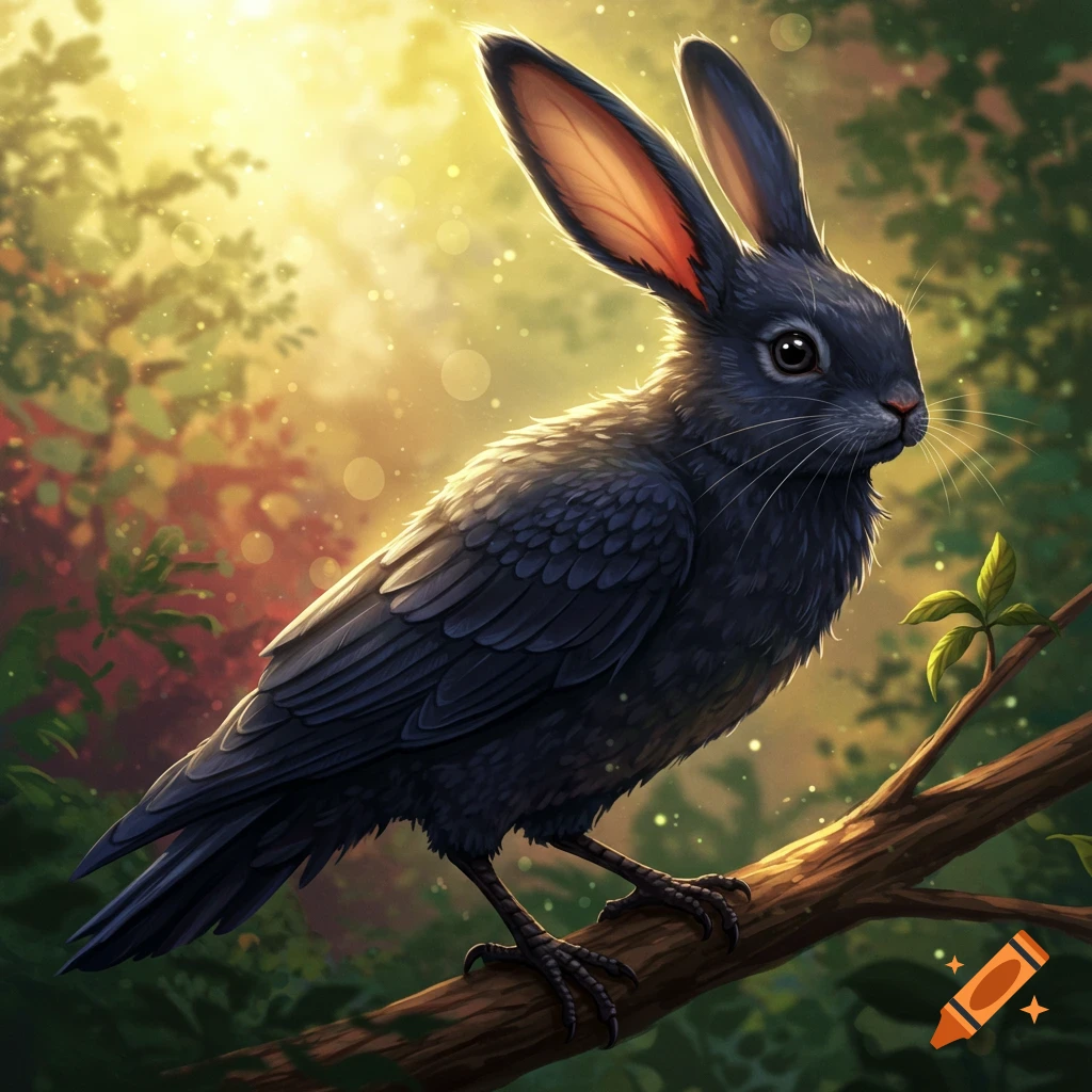 A hybrid crow-bunny creature sits on a forest branch in sunlight.