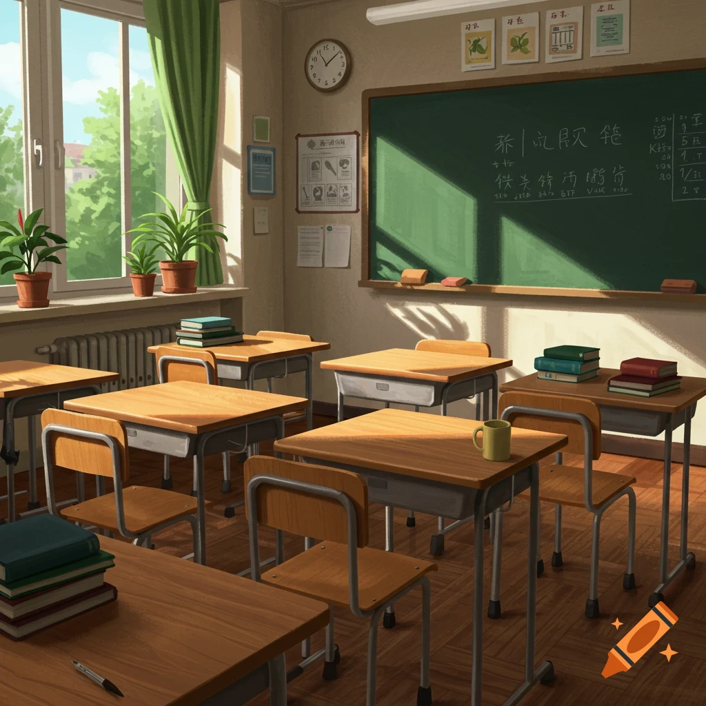 A sunlit classroom interior with desks, plants, and a blackboard.