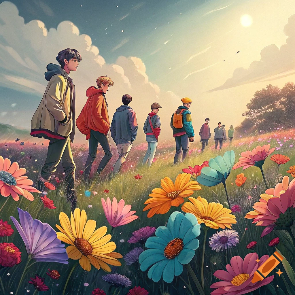 Illustrative image of a group of people walking through a field of large, colorful flowers towards a bright sky.
