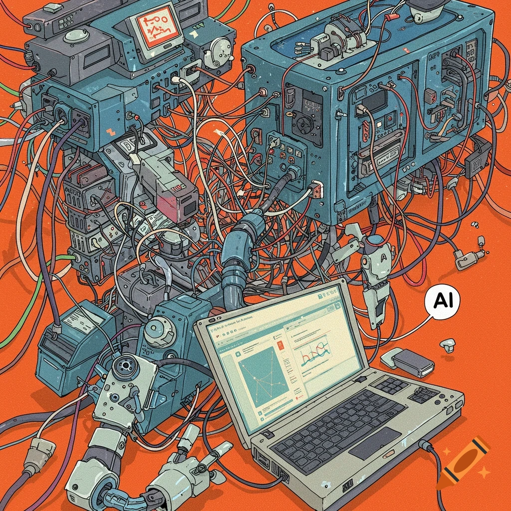 Complex blue machinery and wires, with a laptop and robot parts, on an orange background