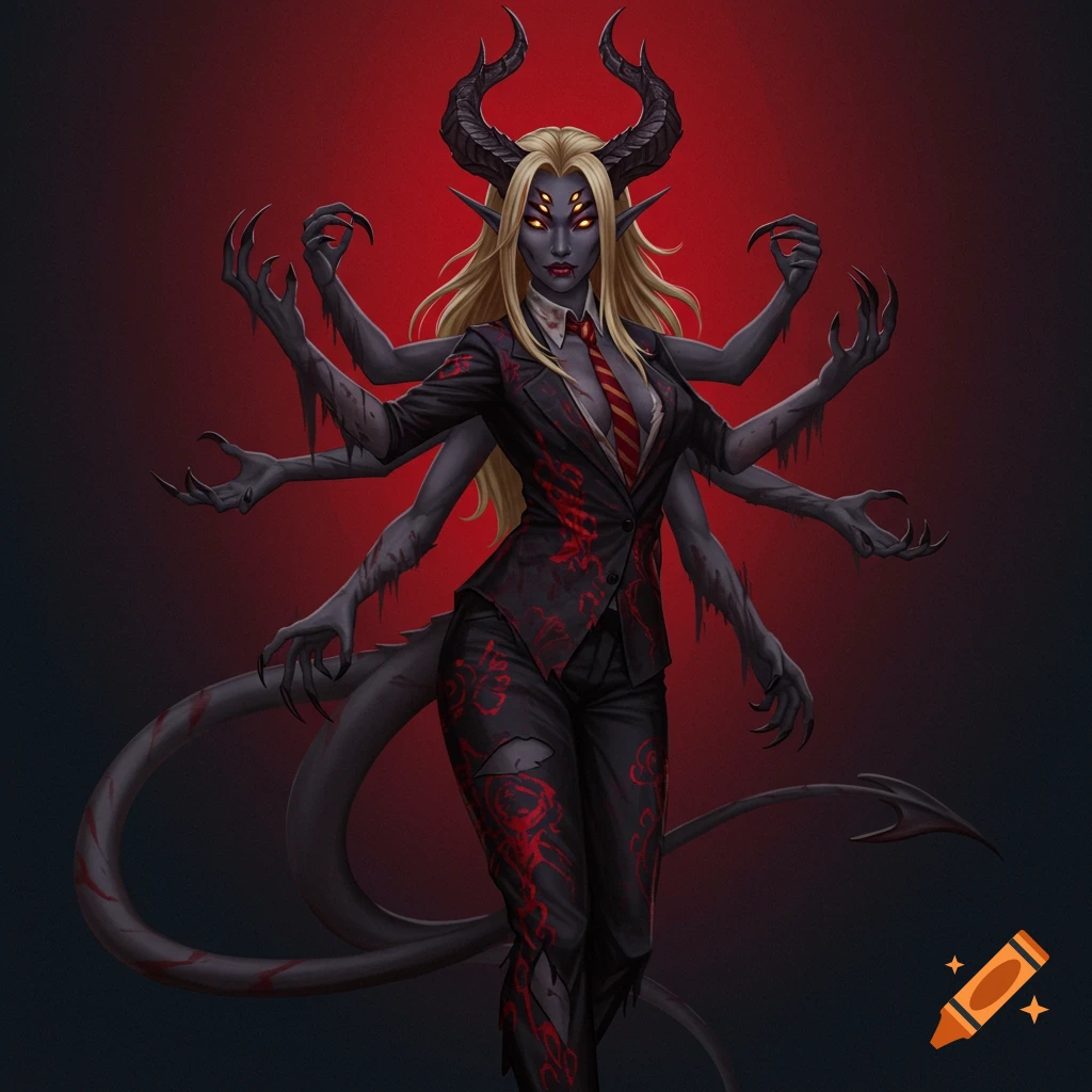 A fantasy illustration of a multi-limbed demon creature with horns and multiple eyes wearing a suit.