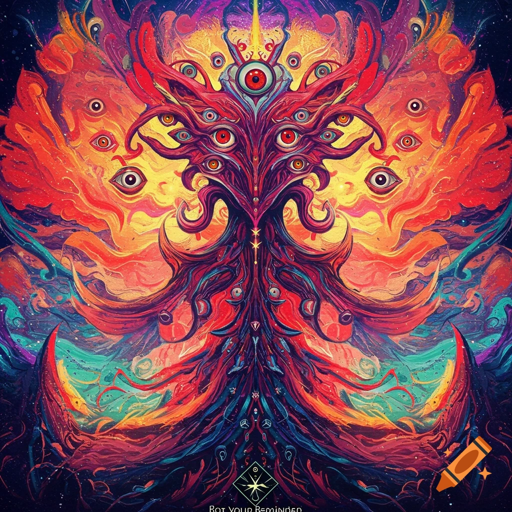A vibrant, multi-eyed abstract entity with swirling energy in red, orange, and blue colors.