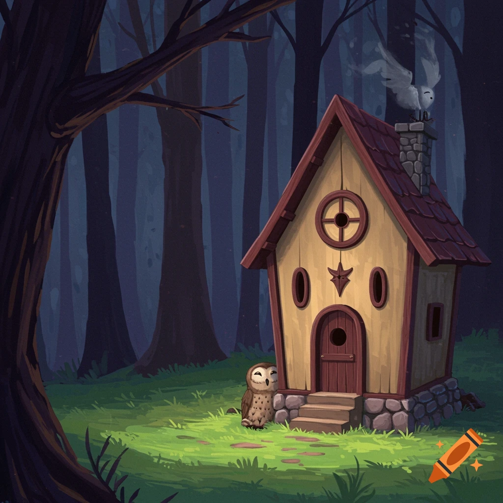 An illustration of a small, stylized house in a dark forest with two owls.