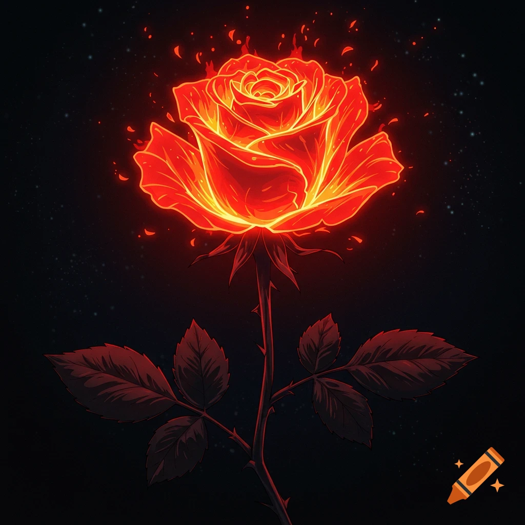 Anime style red rose glowing with fiery petals against a dark, starry background.