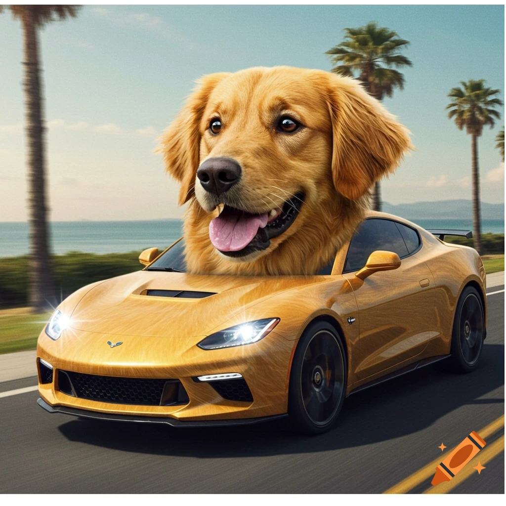 A golden retriever's head drives a yellow sports car on a road with palm trees and the ocean.