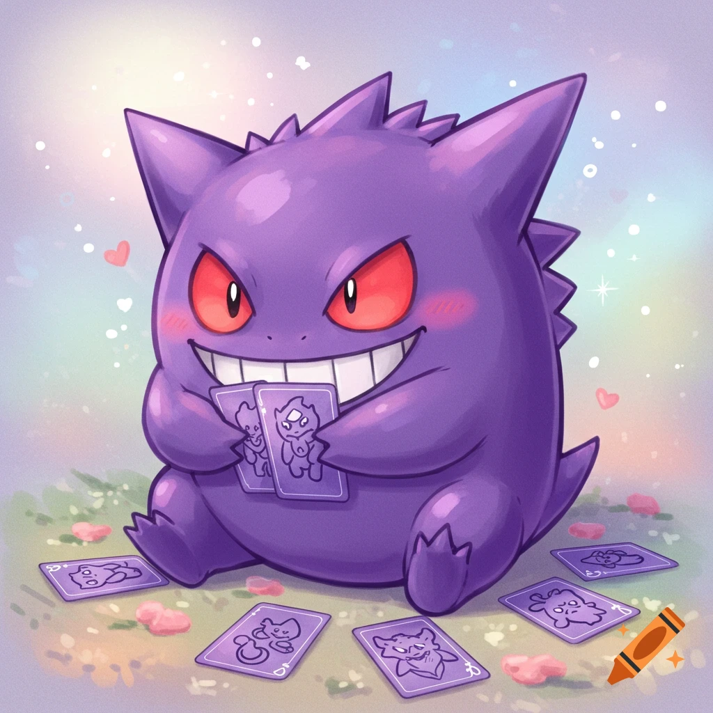 A cute purple Gengar playing cards in a field.