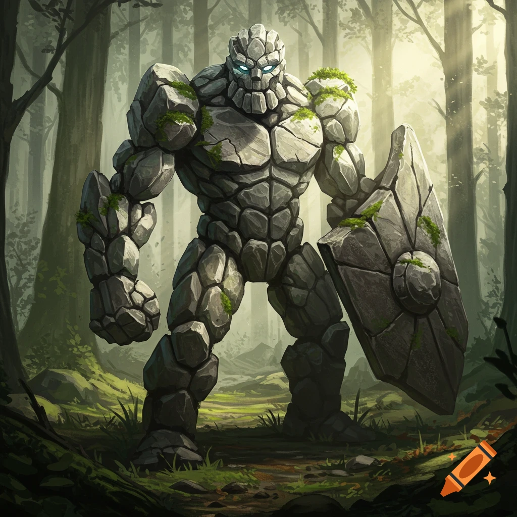 A rock warrior with glowing eyes and shield stands in a forest.