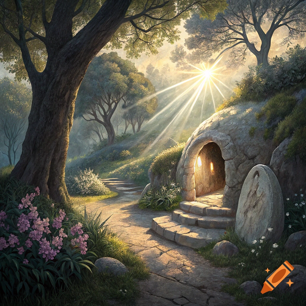Sunlit path leads to a stone cave entrance/tomb in a lush garden with flowers and large trees, sunlight rays stream down.
