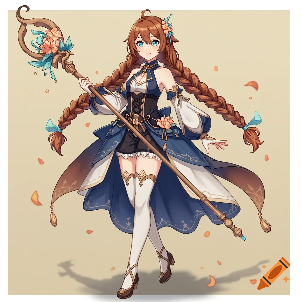 Anime girl with long brown braids in a fantasy outfit holding a staff