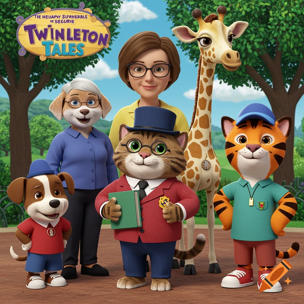 3D animated characters including a woman, cat, dog, giraffe, and tiger in a park.